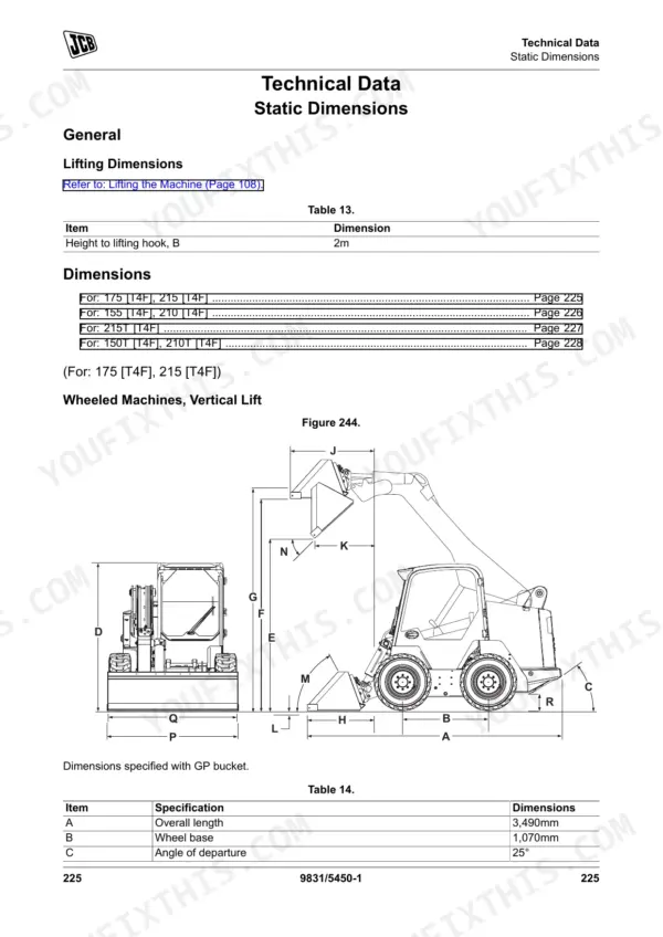 JCB 150T, 155, 175, 210, 210T, 215, 215T static dimensions diagram and table for wheeled vertical lift skid steer.