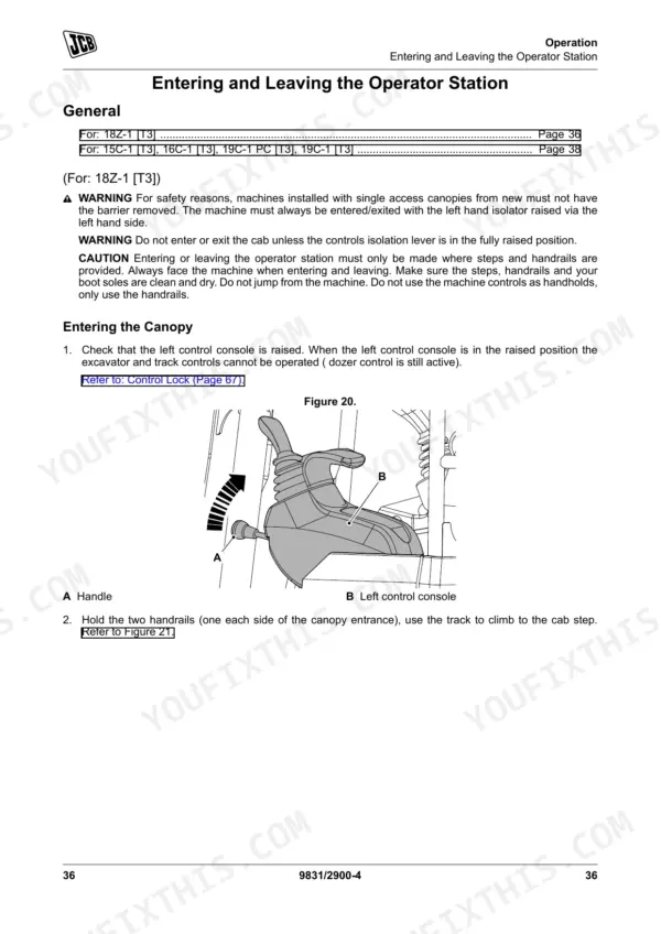 JCB 15C-1, 16C-1, 18Z-1, 19C-1, 19C-1 PC operator manual procedure for entering and leaving the operator station.