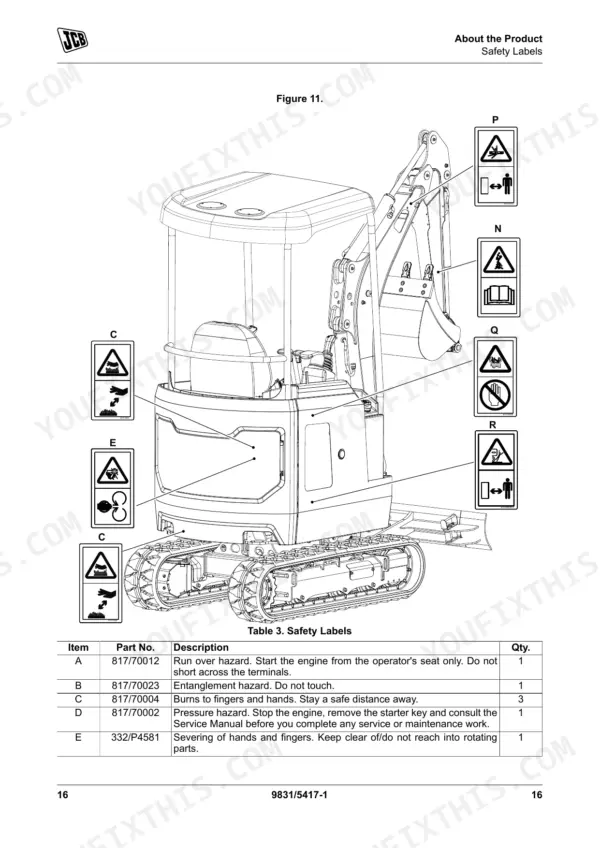 JCB 16C-1, 18Z-1, 19C-1 diagram showing safety label locations and table of part numbers and descriptions.