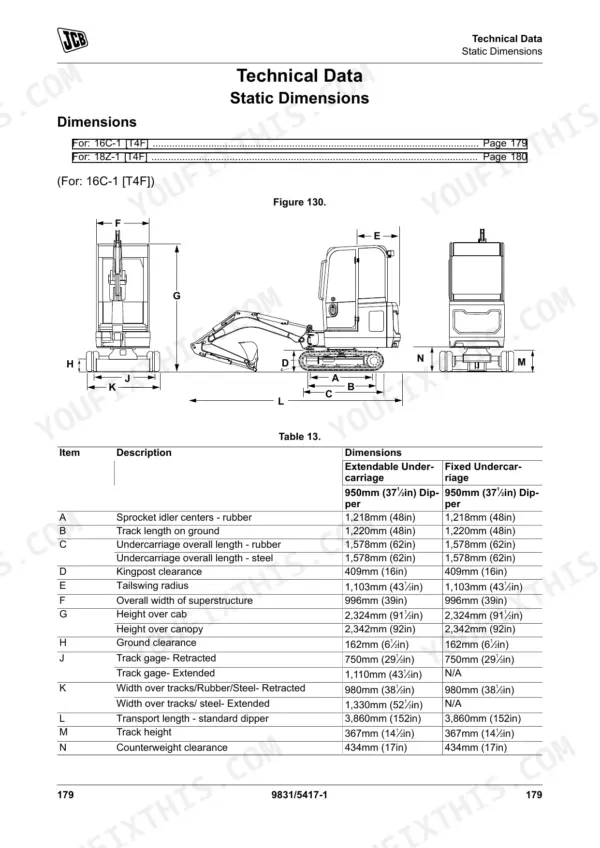 JCB 16C-1, 18Z-1, 19C-1 static dimensions diagram and technical data table for extendable and fixed undercarriages.