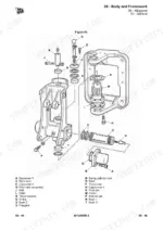jcb-1cx-1cxt-backhoe-loader-service-manual-9813-6050-exploded-view-132.webp JCB 1CX, 1CXT exploded view diagram of kingpost assembly, rack, pinion, and swing cylinder ram components.