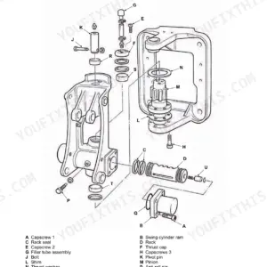 JCB 1CX, 1CXT exploded view diagram of kingpost assembly, rack, pinion, and swing cylinder ram components.