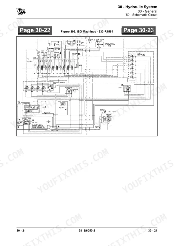 JCB 1CX, 1CXT hydraulic system schematic circuit diagram for ISO machines, showing valve blocks and pump connections.