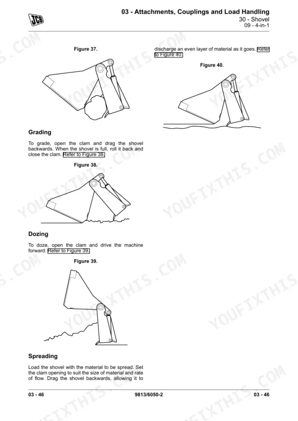 JCB 1CX, 1CXT shovel 4-in-1 attachment operation diagrams for grading, dozing, and spreading material procedures.