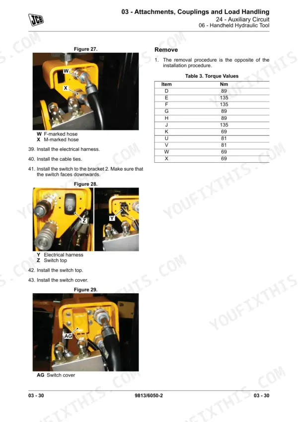 JCB 1CX, 1CXT auxiliary circuit handheld tool installation, torque values table, and switch component photos.