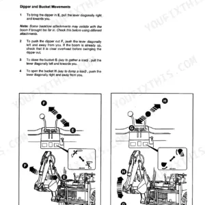 JCB 1CX backhoe controls manual page showing X pattern dipper and bucket movement lever operation diagrams.