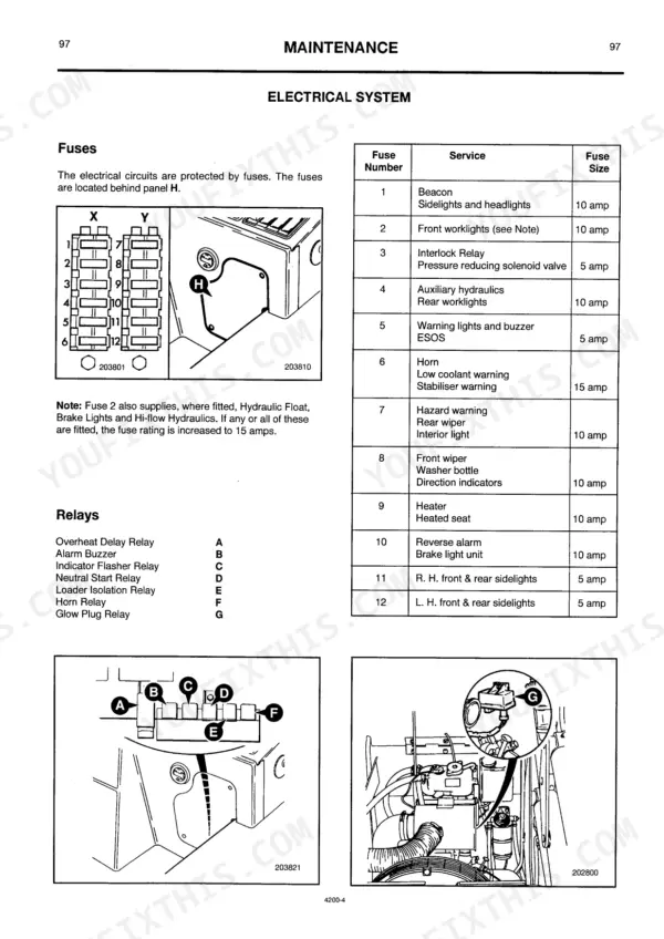 JCB 1CX maintenance manual electrical system page showing fuse box diagram, relay identification, and fuse service table.