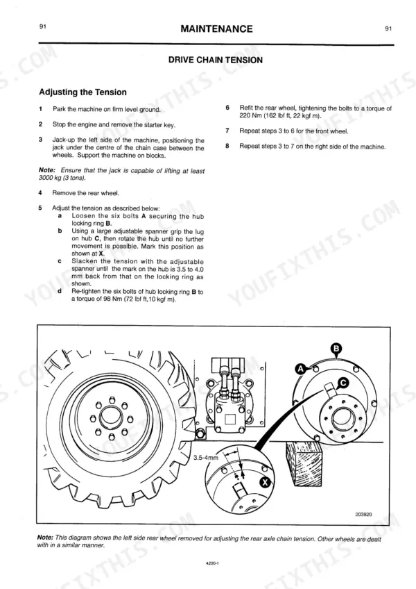 JCB 1CX maintenance manual page showing drive chain tension adjustment procedure, hub locking ring diagram, and torque specs.