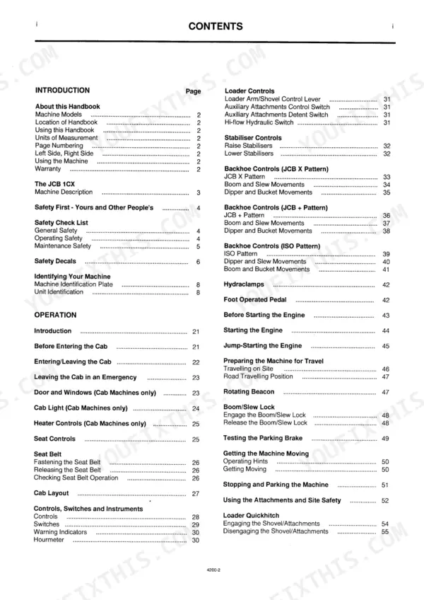 JCB 1CX operator manual table of contents page listing controls, safety, operation, and maintenance procedures.