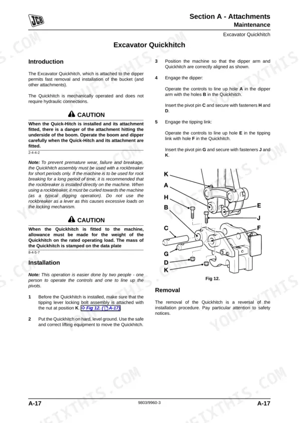 JCB 1CX Excavator Quickhitch installation and removal procedures with component diagram showing pivot pins and fasteners.
