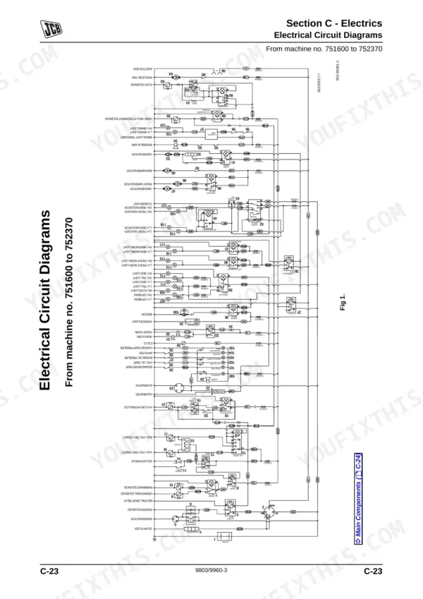 JCB 1CX electrical circuit diagram for machines 751600 to 752370 showing fuses, relays, and component connections.