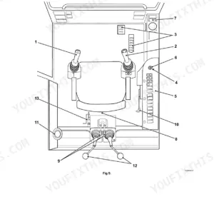 JCB 1CXWS, 1CXWH, 1CXWE, 1CXHE, 1CXTS, 1CXTH, 1CXTE cab layout diagram showing manual control levers and switch panels.
