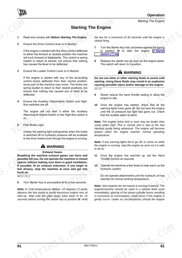 JCB 1CXWS, 1CXWH, 1CXWE, 1CXHE, 1CXTS, 1CXTH, 1CXTE operator manual page detailing step-by-step engine starting procedures.