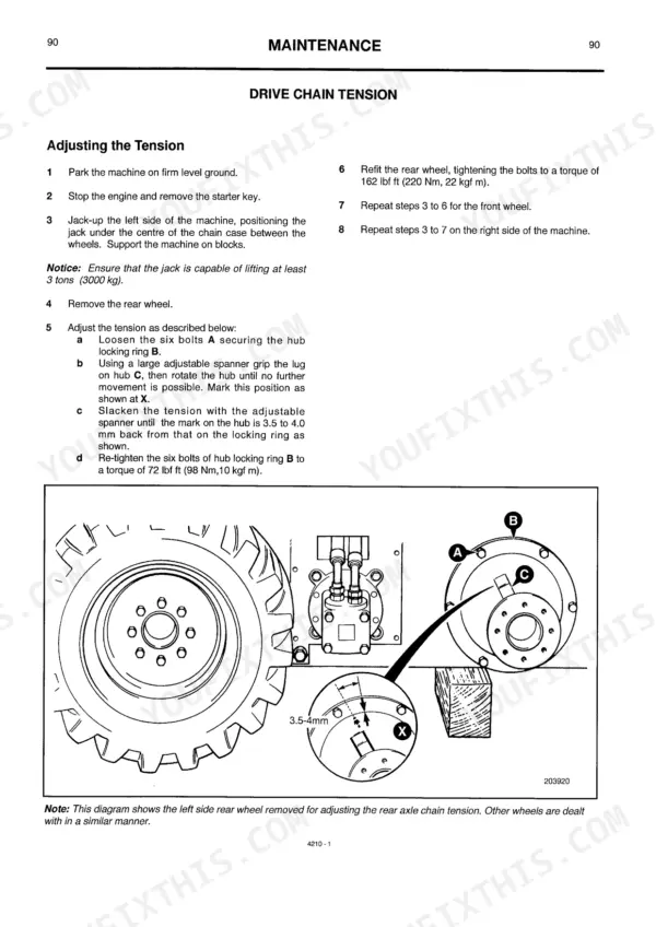 JCB 208S MINIMASTER maintenance manual page for adjusting drive chain tension with hub and wheel adjustment diagram.