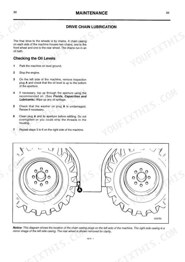 JCB 208S MINIMASTER maintenance procedure for checking drive chain oil levels and inspection plug A location diagram.