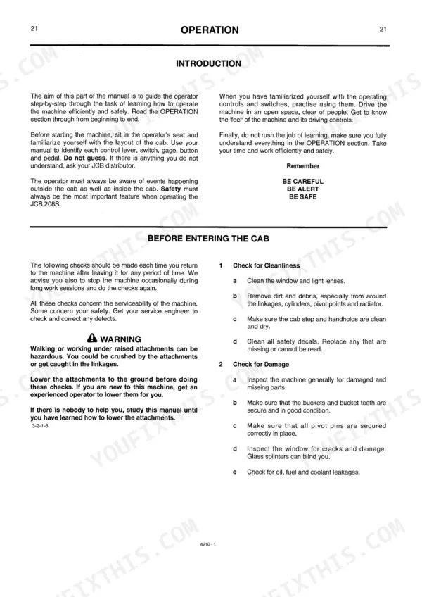 JCB 208S MINIMASTER operation manual page covering introduction and pre-entry inspection procedures for the cab.