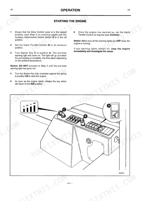 JCB 208S MINIMASTER engine starting procedure with starter key and throttle control diagram