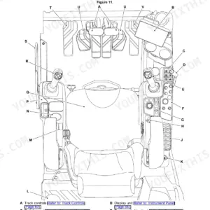 JCB 210X, 220X operator station component location diagram showing seat, joysticks, display unit, and control panels.