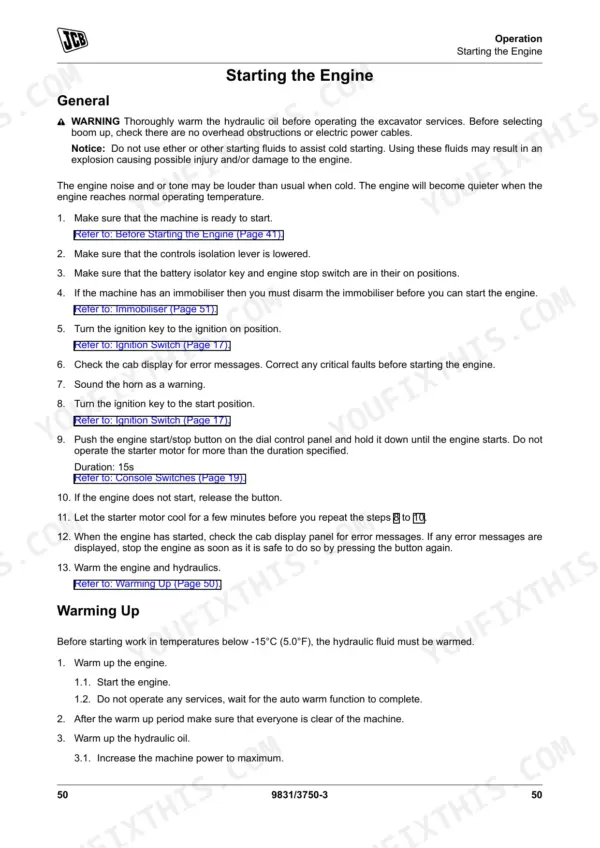 JCB 210X, 220X operator manual page detailing step-by-step procedures for starting the engine and warming up the machine.