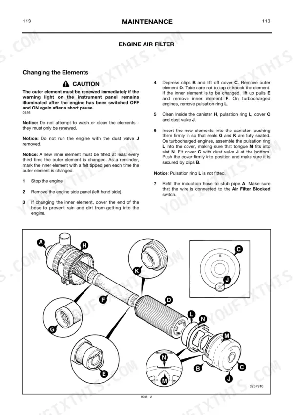 JCB 214, 214S, 215, 215E, 217, 217S maintenance manual page for changing engine air filter elements and canister.