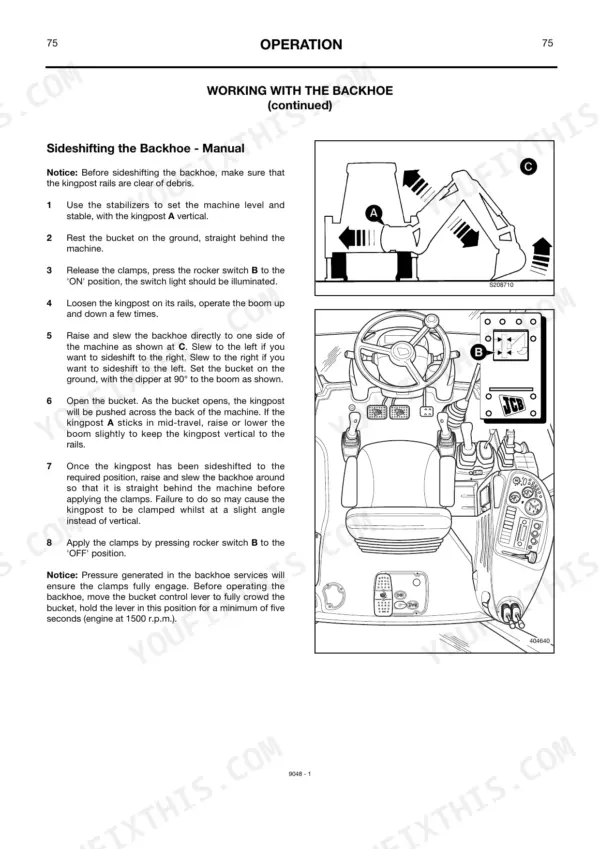 JCB 214, 214S, 215, 215E, 217, 217S manual sideshifting backhoe procedure, kingpost rail diagram, and cab control layout.