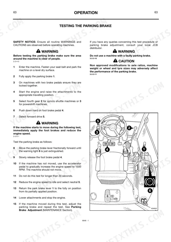 JCB 214, 214S, 215, 215E, 217, 217S parking brake testing procedure with operator station controls diagram.