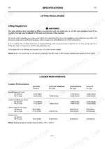 jcb-214-to-217s-backhoe-loader-operator-manual-9048-specs-163.webp JCB 214, 214S, 215, 215E, 217, 217S lifting regulations and loader performance specifications table for GP and MP buckets.