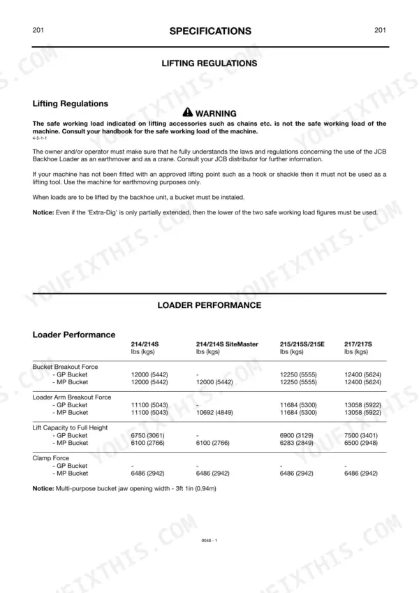 JCB 214, 214S, 215, 215E, 217, 217S lifting regulations and loader performance specifications table for GP and MP buckets.