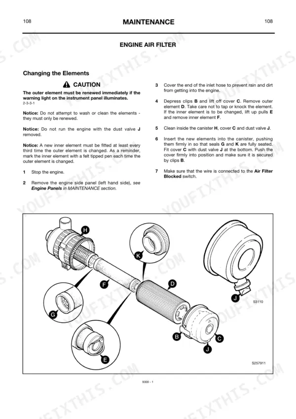 JCB 214e (3C Plus) maintenance procedure for changing engine air filter elements with exploded view diagram.