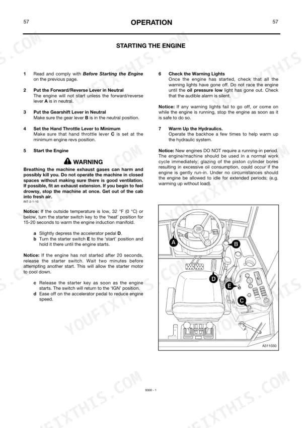 JCB 214e (3C Plus) engine starting procedure and operator controls diagram showing levers and pedals.