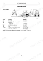 jcb-214e-3c-plus-backhoe-loader-operator-manual-9300-1-specs-135.webp JCB 214e (3C Plus) static dimensions diagram and specifications table for length, height, wheelbase, clearance, and weight.