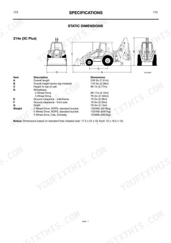 JCB 214e (3C Plus) static dimensions diagram and specifications table for length, height, wheelbase, clearance, and weight.