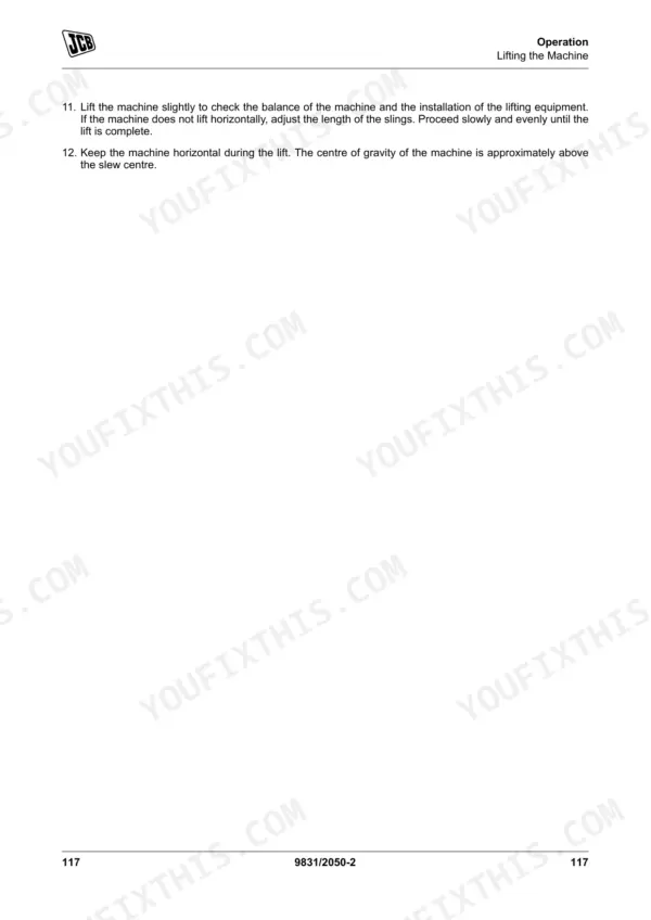 JCB 220LC Xtra service manual page detailing the procedure for lifting the machine and checking balance.