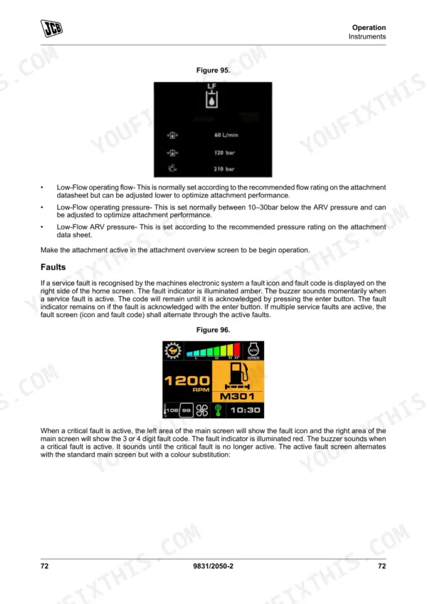 JCB 220LC Xtra operation manual showing low-flow attachment settings and fault code display screen procedures.
