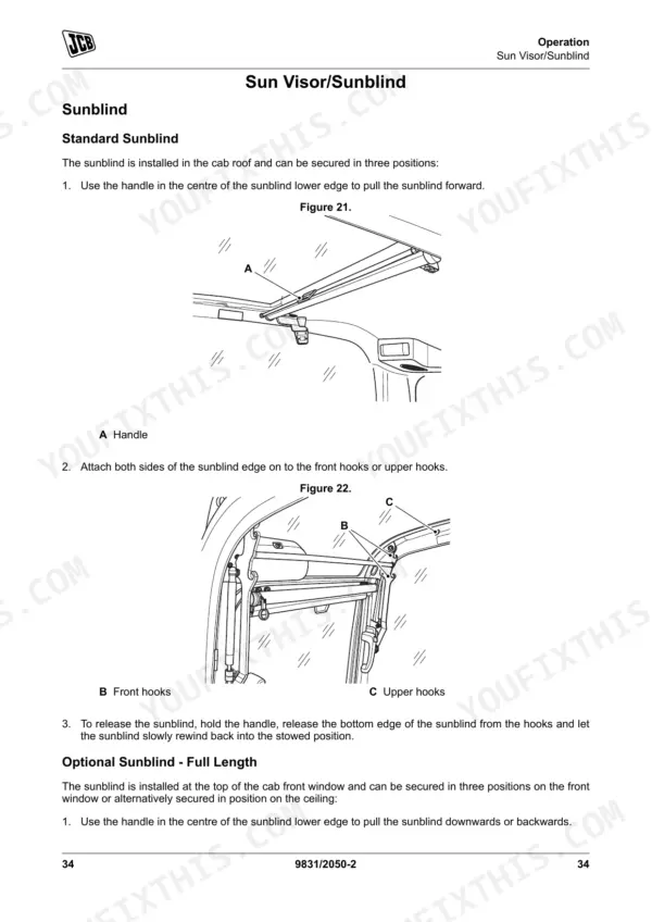 JCB 220LC Xtra operator manual: procedures for operating the standard sun visor and sunblind with diagrams.