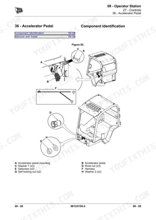 JCB 225, 225T, 260, 260T, 280, 300, 300T, 320T, 325T, 330 accelerator pedal component identification and mounting diagram.