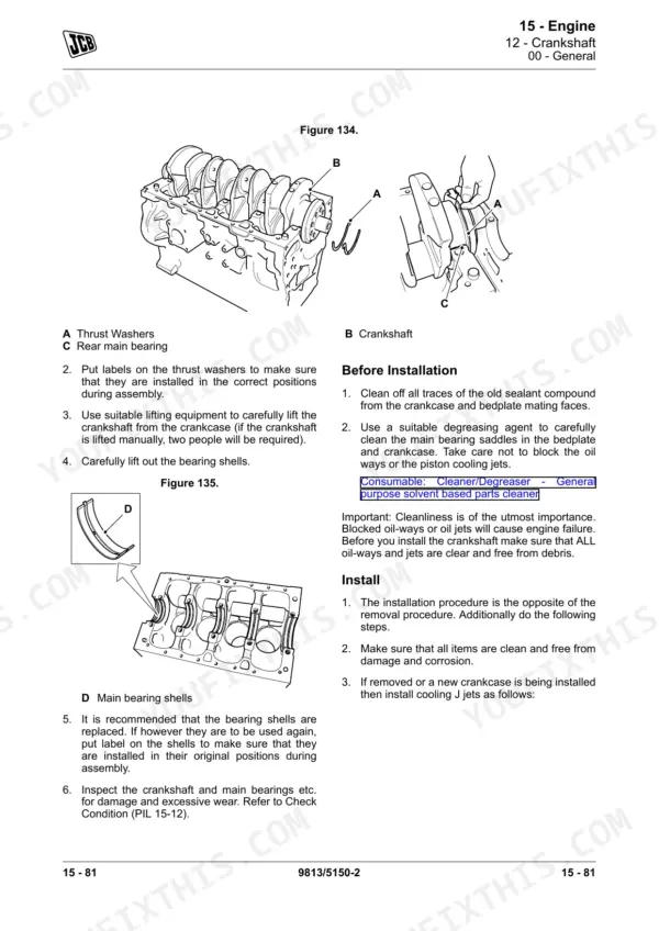 JCB 225, 225T, 260, 260T, 280, 300, 300T, 320T, 325T, 330 engine crankshaft removal and installation procedure diagrams.