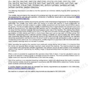 JCB 250, 250T, 270, 270T, 300, 300T, 320T, 325T, 330, 3TS-8T, 3TS-8W operator manual page covering mirror visibility standards.