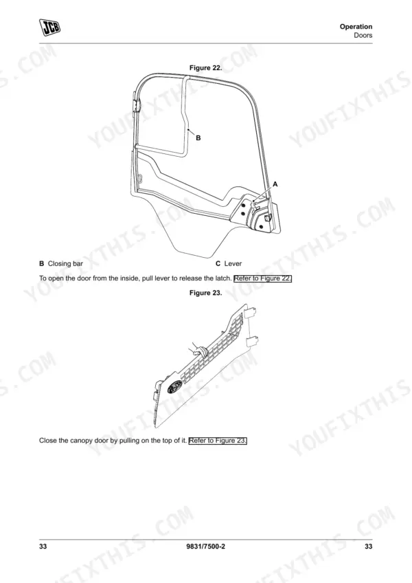 JCB 250, 250T, 270, 270T, 300, 300T, 320T, 325T, 330, 3TS-8T, 3TS-8W door operation diagrams showing latch and canopy door.