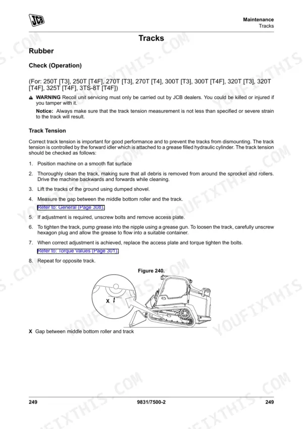 JCB 250, 250T, 270, 270T, 300, 300T, 320T, 325T, 330, 3TS-8T, 3TS-8W rubber track tension check and adjustment procedure.