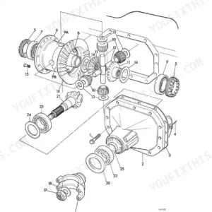 JCB 2CX Backhoe Loader, 210S, 210S U.S.A. build machine, 2CX exploded view of front axle transmission differential assembly.