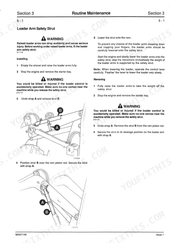 JCB 2CX Backhoe Loader, 210S, 210S U.S.A. build machine, 2CX: Procedures for installing and removing loader arm safety strut.