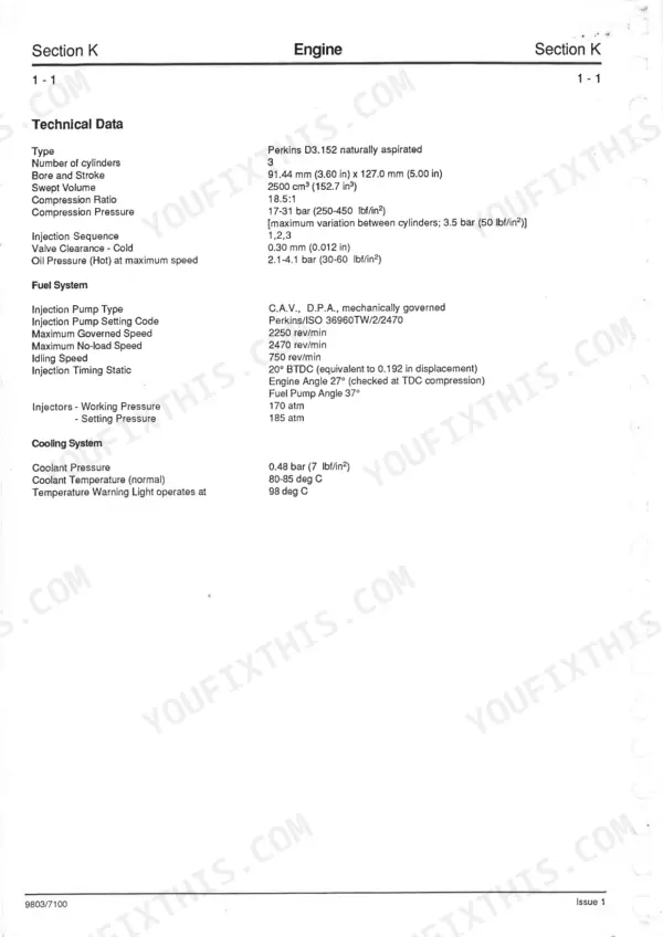 JCB 2CX Backhoe Loader, 210S, 210S U.S.A. build machine, 2CX Perkins D3.152 engine technical data and specifications table.