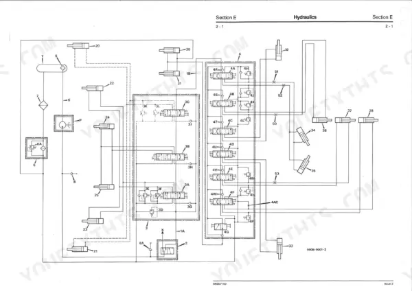 JCB 2CX Backhoe Loader, 210S, 210S U.S.A. build machine, 2CX hydraulic system schematic diagram showing valves and cylinders.
