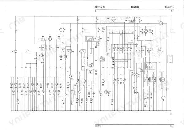 JCB 2CX Backhoe Loader, 210S, 210S U.S.A. build machine, 2CX electrical system wiring diagram, Section C, page 7-1.