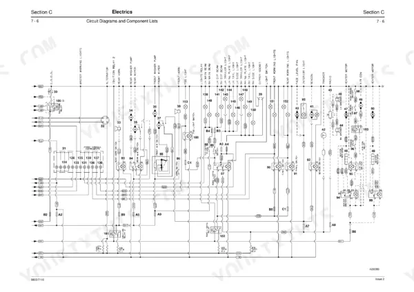 JCB 2CX, 2DX, 210, 212, 210S, 213S, 2CXU, 212SU, 2CXL, 2CX Farm Master, 210SL, Backhoe Loader, 2CX Range, 210SU, 2DX Machines, 212S electrical circuit diagram showing lighting, heater, and wiper system components.