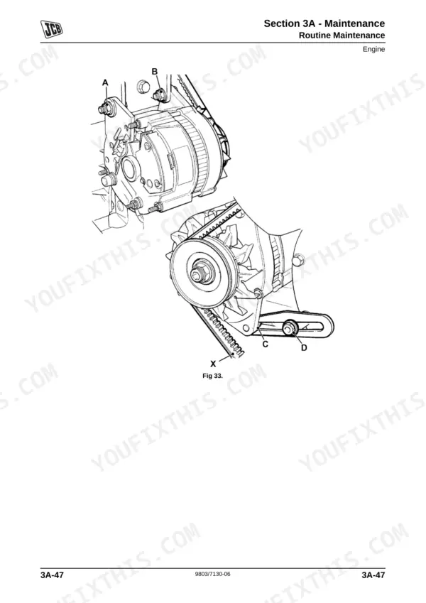 JCB 2CX, 2CXU, 210S, 210SU, Backhoe Loader, 3CX, JCB Dieselmax Engine, Perkins Engine: Alternator drive belt diagram.