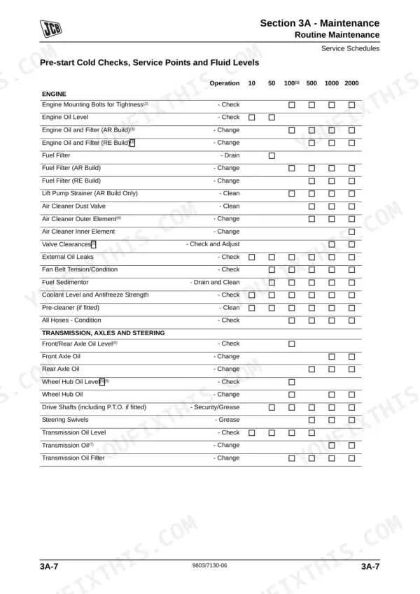 JCB 2CX, 2CXU, 210S, 210SU, Backhoe Loader, 3CX, JCB Dieselmax Engine, Perkins Engine maintenance schedule table.