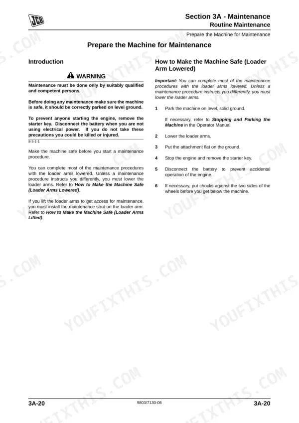 JCB 2CX, 2CXU, 210S, 210SU, Backhoe Loader, 3CX, JCB Dieselmax Engine, Perkins Engine maintenance safety procedures page.