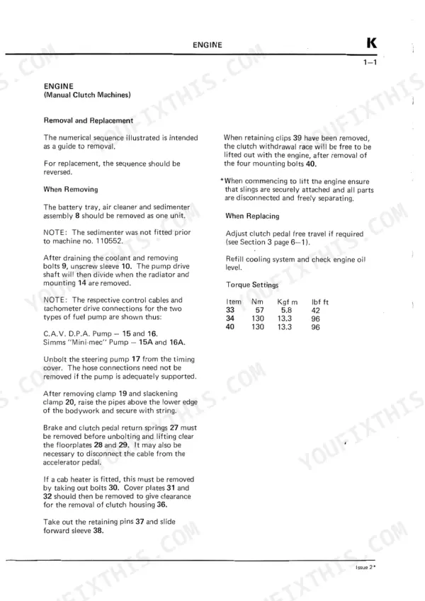 JCB 2D, 2DS, 3, 3C, 3CS, 3D, 700 engine removal and replacement procedure, including clutch and torque settings table.